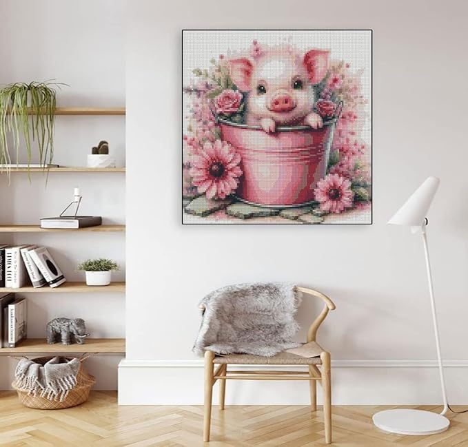 Cute Pig Stamped Cross Stitch Kits for Adults Beginner, Flowers Dimensions Needlepoint Art Crafts Embroidery Kits for Adults Beginners 13.7x13.7 inches