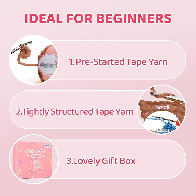 Mewaii Crochet Kit for Beginners Level 2 with 40% Extra Eco-Friendly Pre-Started Easy Yarn, Step-by-Step Video Tutorials for Adults and Kids (Cookie Cow)