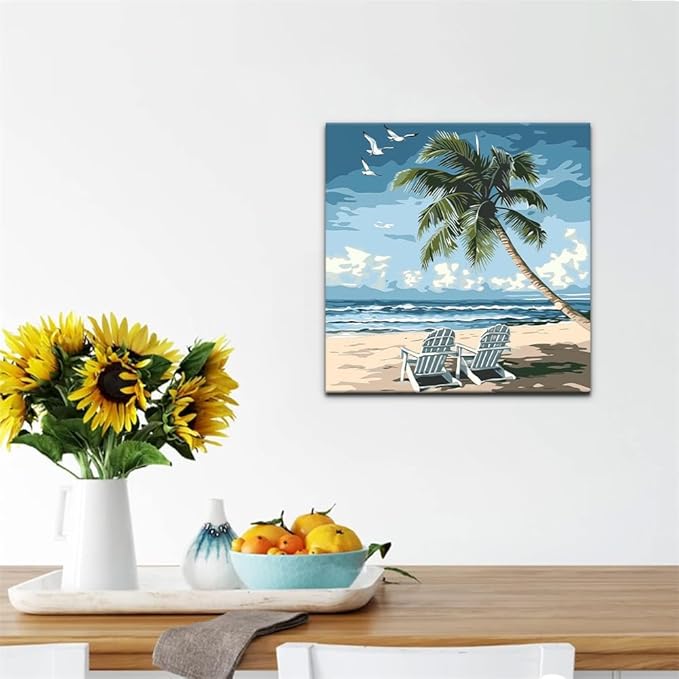 Natuyalo Framed Paint by Numbers for Adults Beginner, Beach Chair Acrylic Easy Paint by Numbers Kits with Frame Seascape Art Craft Kits for Adults Suitable for Wall Decoration 12x12 Inch