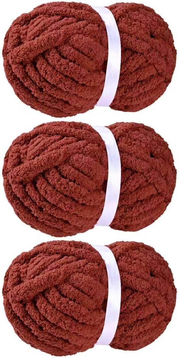 Chunky Chenille Yarn for Hand Knitting - Fluffy Soft Jumbo for Circular Needle & Crochet Hook, Super Bulky Big for Chunky Blanket, Large Thick Arm Knitting, 3 Pack, Dark Red