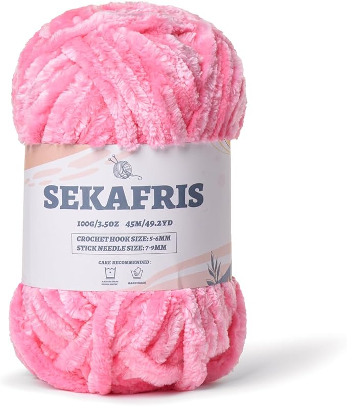 Fuzzy Chunky Chenille Yarn for Crocheting，Soft Plush Yarns for Hand Knitting，Bulky 100 g（49.2 yd） Baby Blanket Yarn for Crocheting Amigurumi，Crochet Fluffy Velvet Yarns (Pink)