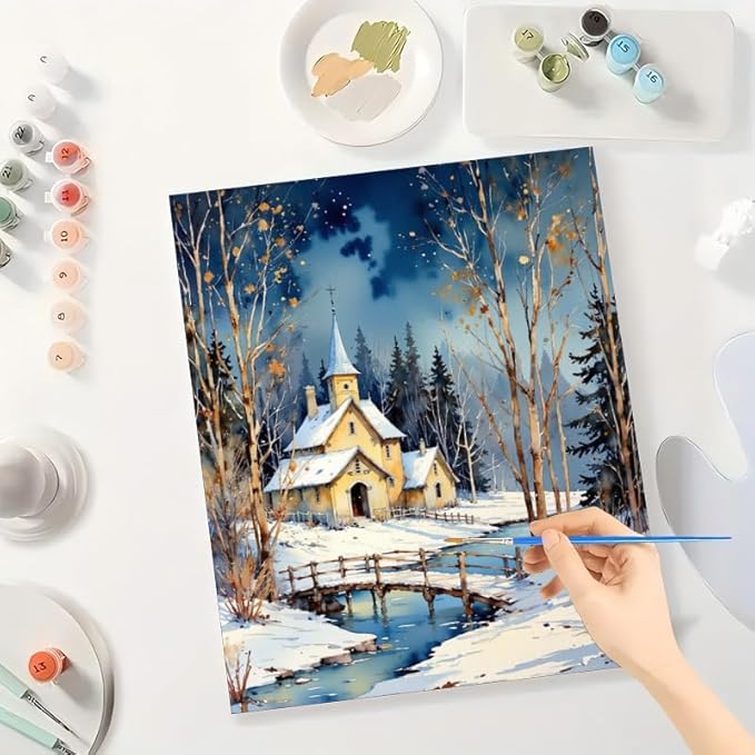 Winter Landscape Paint by Numbers Kit for Adults - DIY Snowy Church and Bridge Painting on Canvas 16x20In, Acrylic Paint Set, Suitable for Beginners, Art for Home Decoration or Gifts