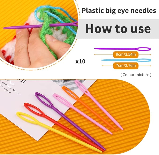 FTEVEN 36pcs Large Eye Sewing Needles, Plastic Yarn Needles Set Blunt Needles, Bent Tapestry Needles with Colorful Plastic Knitting Stitch Markers for Knitting Crochet Sewing