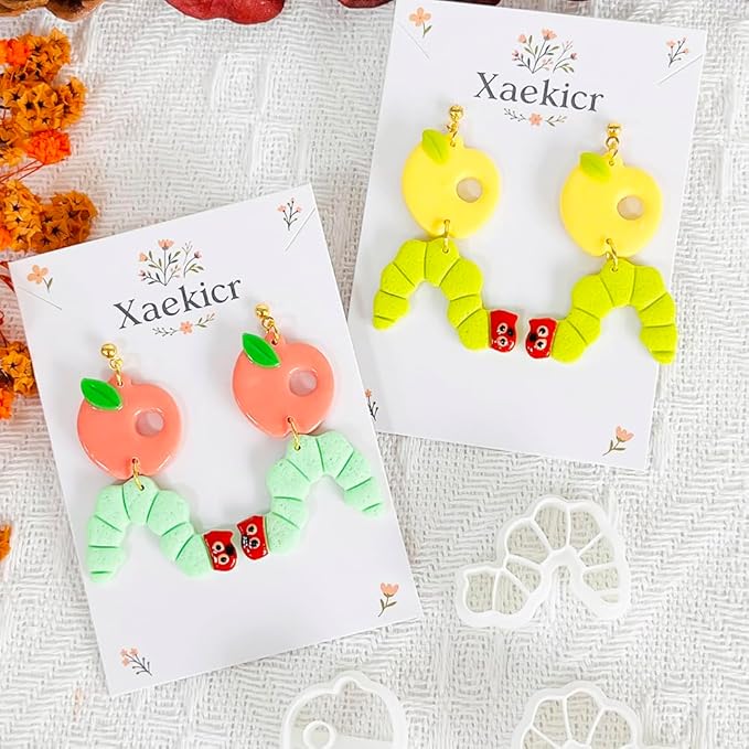 Xaekicr Whimsical Worm and Apple Polymer Clay Cutters – 3PCS Clay Earring Cutters Set for DIY Fruit Insect Jewelry Making – Clay Tools and Polymer Clay Molds