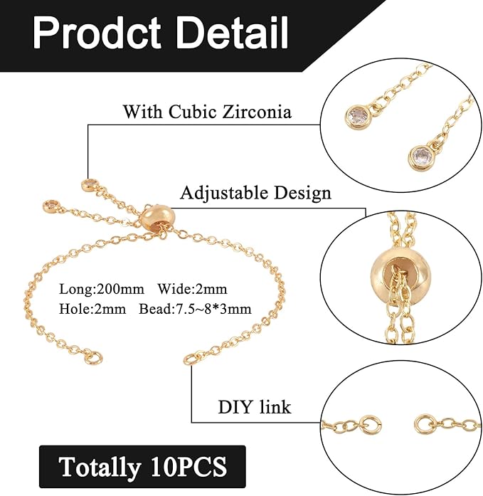 FASHEWELRY 10Pcs 18K Gold Plated Cable Chains Bracelet Adjustable Slider Bracelet Slider Extender Chains with Cubic Zirconia Ends for Woman Girl Jewelry Making, 7.87 Inch Long