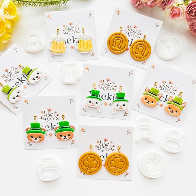 St. Patrick's Day Polymer Clay Cutters Set - 10pcs Sharp & Durable Leprechaun, Horseshoe & Beer Mug Shapes for DIY Earring Jewelry Making, Soft Clay Crafts & Holiday Supplies
