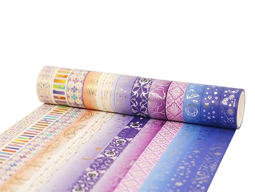 YUBBAEX Galaxy Washi Tape Set Purple Stars Decorative Tapes Silver Gold Foil Masking for Arts, DIY Crafts, Journal Supplies, Planners, Scrapbook, Gift Wrapping (Purple Night 12 Rolls)