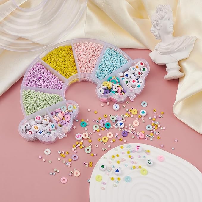 3185 Pcs Glass Seed Beads Bracelet Making Kit, Includes Glass Seed Beads, Flat Round Opaque White Acrylic Beads & Polymer Clay Beads with Elastic Cord, DIY Art Craft Gift for Girls