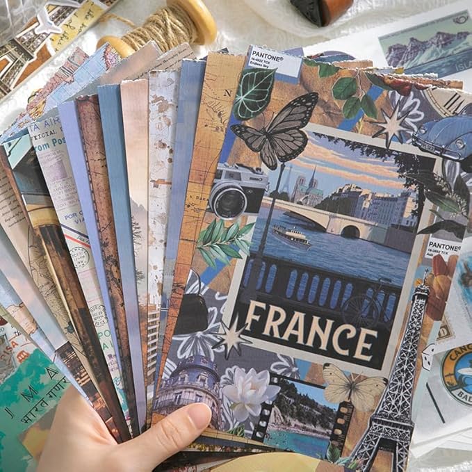 50 Sheets Travel Scrapbook Sticker Book for Scrapbooking, 300+ Washi Stickers with 20 A5 Scrap Book Papers for Journaling, Junk Journal Supplies, Collage, Bujo, Art Crafts