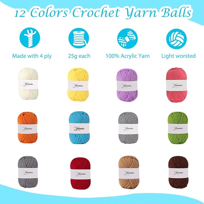 yarniss crochet kits for beginners - 840 yards yarn for crocheting with 14 size hooks 2.0-10.0mm,learn to crochet set with bag&accessories,turquosie
