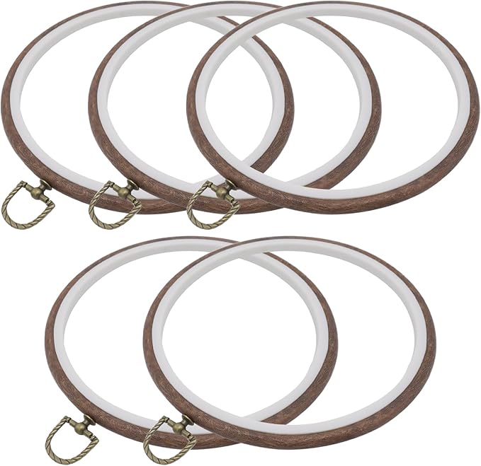 joyangy 5 pcs 8 inch embroidery hoops, round imitated wood cross stitch hoop rings for art craft sewing, circle display frame kits for embroidery handy diy ornaments decoration