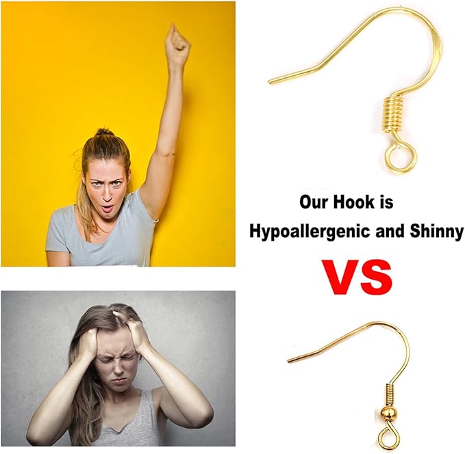 gold earring hooks 80 pcs/40 pairs, ear wires fish hooks, 240pcs hypo-allergenic jewelry findings parts with jump rings and clear silicone earring backs stoppers for diy jewelry making (14k gold)
