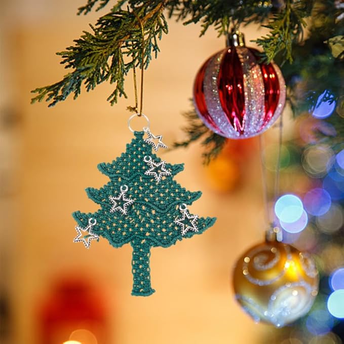 FREEBLOSS 9 Set Macrame Christmas Tree with Pentagram Boho Decor Hanging Ornament Nylon Christmas Tree Ornaments Macrame Kit for Beginners