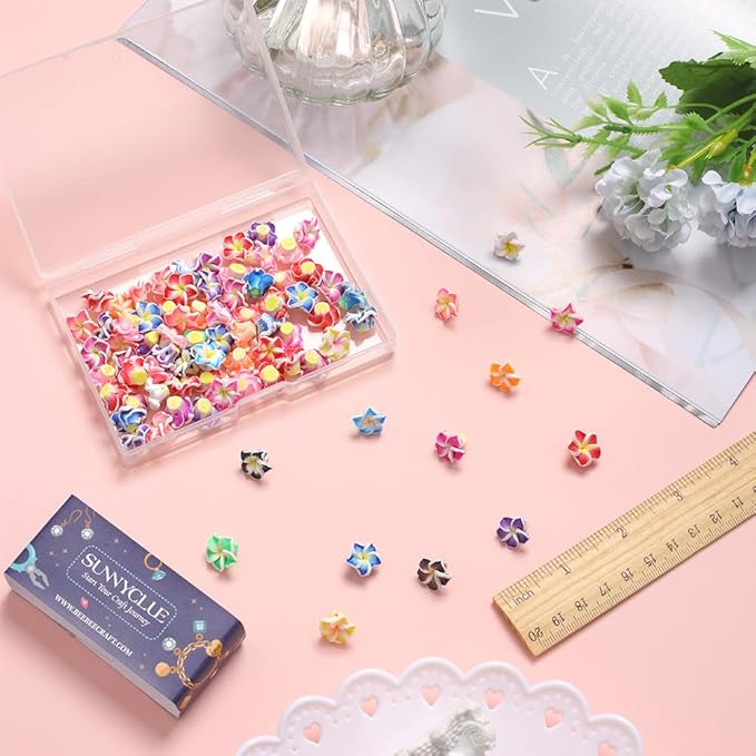 SUNNYCLUE 100Pcs Plumeria Beads Polymer Clay Flower Beads Bulk Handmade Hawaiian Plumerias Flowers 12x8mm Flat Back Floral Charms Summer Colorful 3D Loose Spacers for Jewelry Making Beading Kit