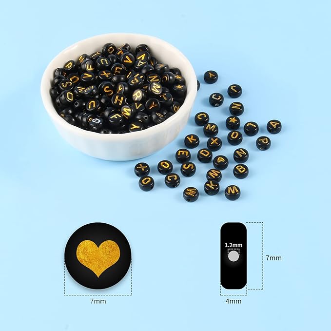 Song Xi 1400pcs Round Acrylic A-Z Alphabet Beads - Gold & Black Letter Beads for Bracelet Making, 28 Grid Box