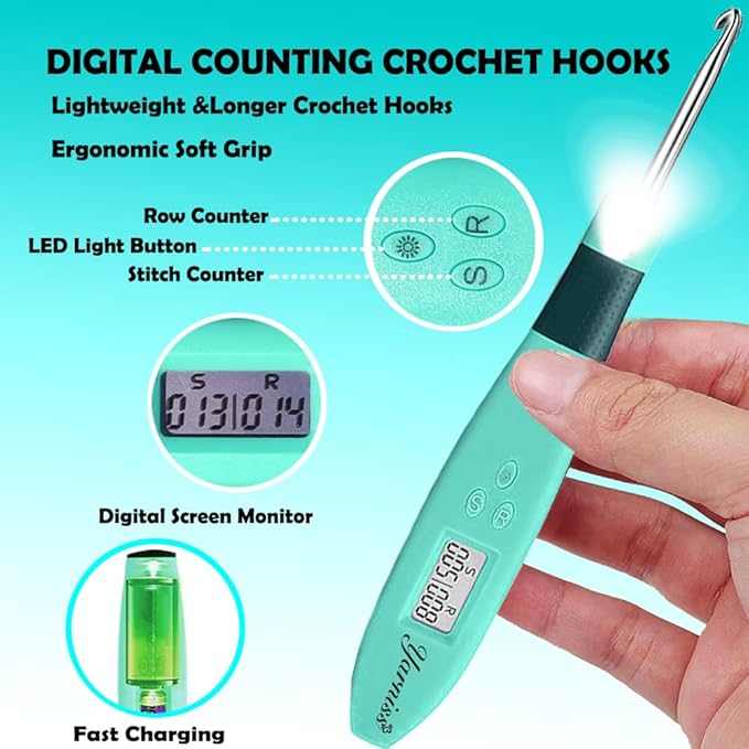 Yarniss 18 Size Counting Crochet Hooks with Light, Digital Counter Crochet Hooks Set with Case (2.0mm~14.0mm)