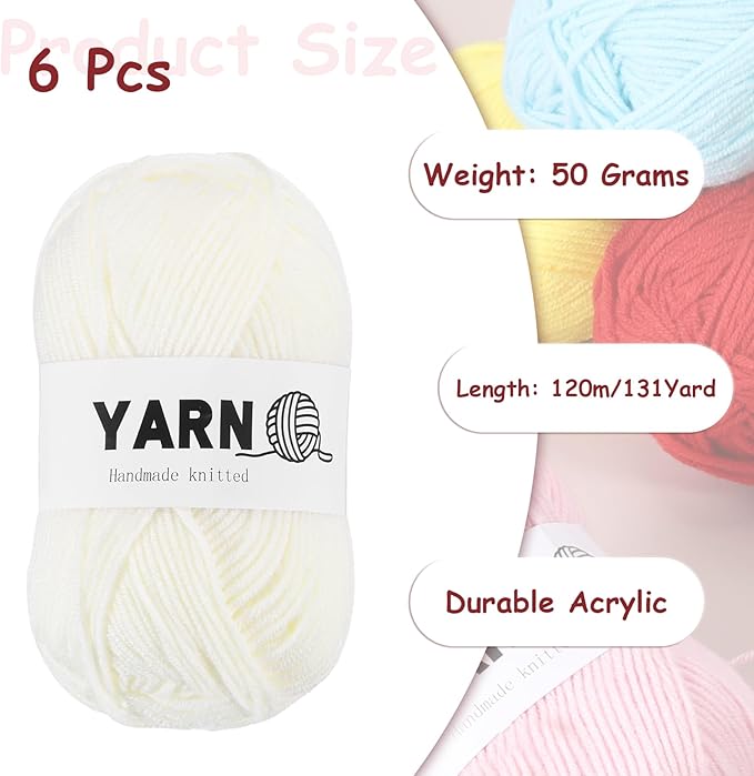 6Pcs Cream White Acrylic Yarn 790 Yard 4 Ply Soft Crochet Yarns Sport Weight Yarn,[for DIY Crocheting Knitting Craft Blankets Hats]-300g