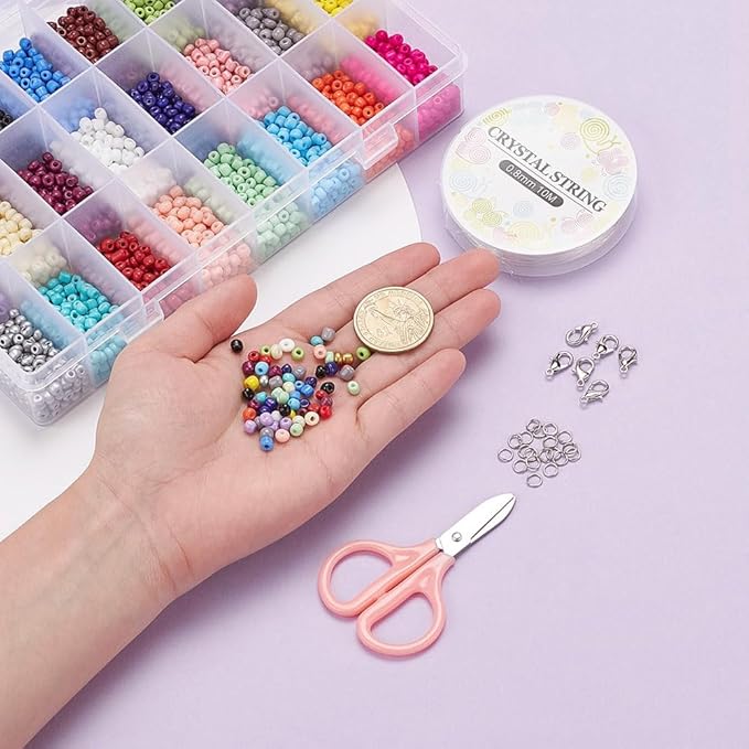 3600 Pcs 4mm Glass Seed Beads Bracelet Making Kit, Small Beads Friendship Jewelry Craft Kit with Lobster Clasps, Jump Rings & Elastic Cord, DIY Art Craft Gift for Girls