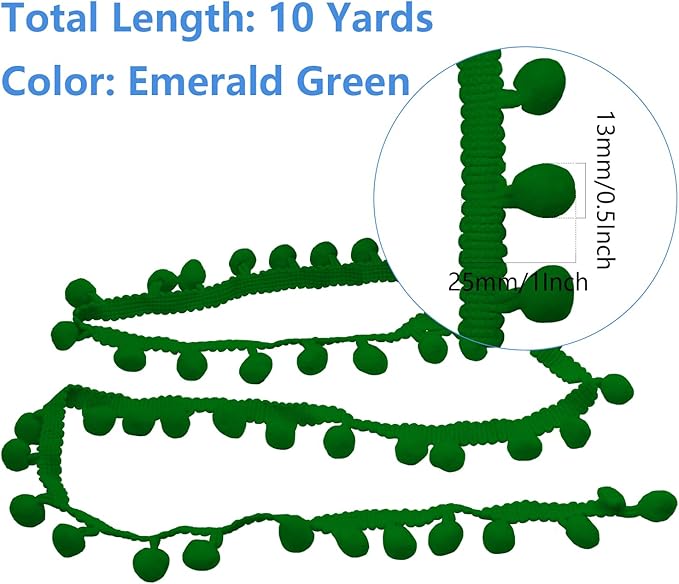 Homiest 10 Yards Pom Pom Trim for Sewing, 1 Inch Wide Emerald Green Ribbon Bundles Textured Fabric Fringe Ribbon, 13mm Ball Pompom Trim for DIY Crafts Curtain Clothes Pillow Home Decoration