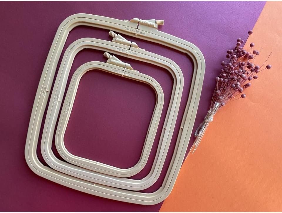 nurge square embroidery hoop - plastic cross stitch frame for needlepoint & embroidery - adjustable craft hoop - beige - set of 3