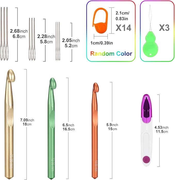 vodiye 3 sizes large crochet hooks 10-15mm, ergonomic crochet hook set, colorful metal hooks for chunky yarn and diy crafts