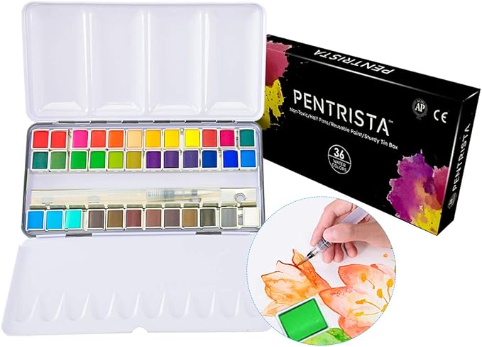 36 Colors Solid Watercolor Paint Set with Refillable Water Brush, Artist-Grade Half Pans in Tin Box - Professional Watercolor Kit for Artists, Adults, Beginners and Painting lovers