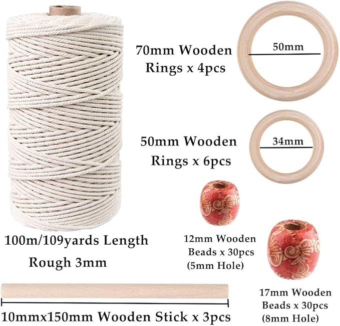 120pcs macrame kits for beginners 3mm x 109yards natural cotton macrame cord with wooden beads & rings,wooden sticks,metal rings macrame supplies best for macrame plant hanger
