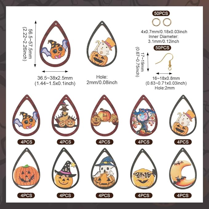 40pcs Halloween Teardrop Wooden Earring Charms Big Hollow Wood Cutouts with Pumpkin & Ghost & Bat & Spider Printed for Necklace Keychain DIY Jewelry Craft Making