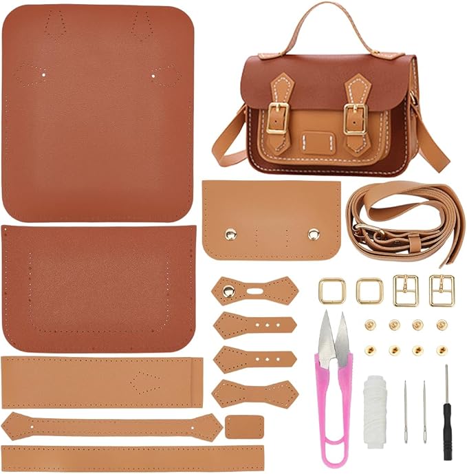 WADORN DIY Crossbody Bag Making Kits, PU Leather Shoulder Bag Sewing Set with Instruction Handmade Satchel Handbag Making Kit Purse Sewing Kit for Women Handicraft Gift, 9.8x3.5x6.7 Inch(Brown+Khaki)