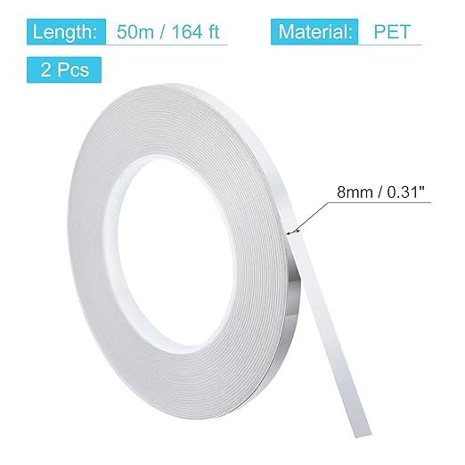 uxcell Metallic Tape, 0.31 in x 164 ft Self Adhesive Metalized Polyester Film Tape Waterproof Shiny Washi Tape for Walls Graphic Arts Gifts Wrapping Crafts Decoration, Gloss Silver, 2 Pcs