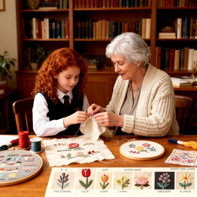 PALUPJEF Embroidery Kit for Beginner and Adults, 4 Hoop Set to Learn 38 Stitches with Pre-Stamped Patterns, Complete Starter Kit with Instructions, DIY Gift for Women