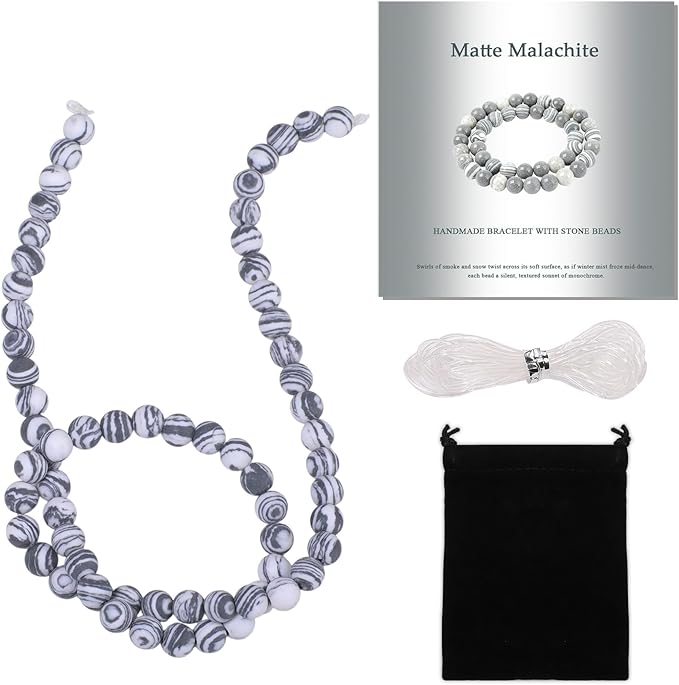 Stone Beads, 60pcs Matte Black and White Malachite, 6mm Round Loose Beads for Jewelry Making, Bracelets, with Bag, String & Card