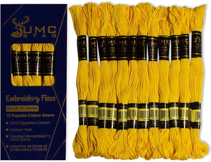 Pack of 12 Premium Embroidery Thread | 100% Egyptian Cotton Premium Skeins | Cross Stitch Embroidery Floss | Oeko TEX Certified Stranded Cotton | (Canary Yellow 298)