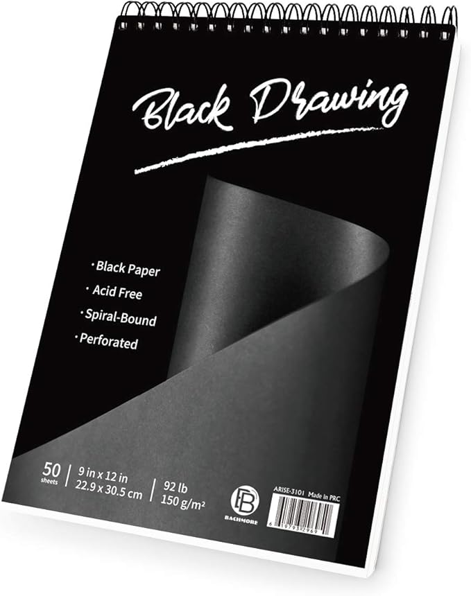 Bachmore Black Drawing Pad, 9X12 inch (92lb/150gsm), 50 Sheets of Top Spiral-Bound, Perforated,Heavyweighted Paper for Graphite, Acrylic, Colored Pencils, Charcoal, Opaque Inks, Gouache & Pastels