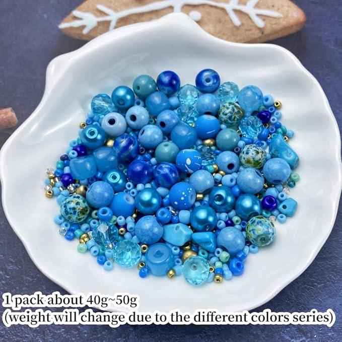 Assorted Glass Resin Beads Multi Size Colors Smooth Cracked Gravel Millet Spacer Beads for Bracelets Necklace Earring DIY Jewelry Making Craft(Lake Blue Series)