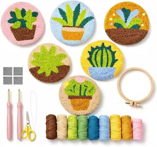 Punch Needle Coaster Kit for Adults Beginners, Easy Punch Embroidery Starter Set with Instructions – Fun Mug Rug Making Kit for Table Decor & Festival DIY Gifts (6pcs Succulent Plants)