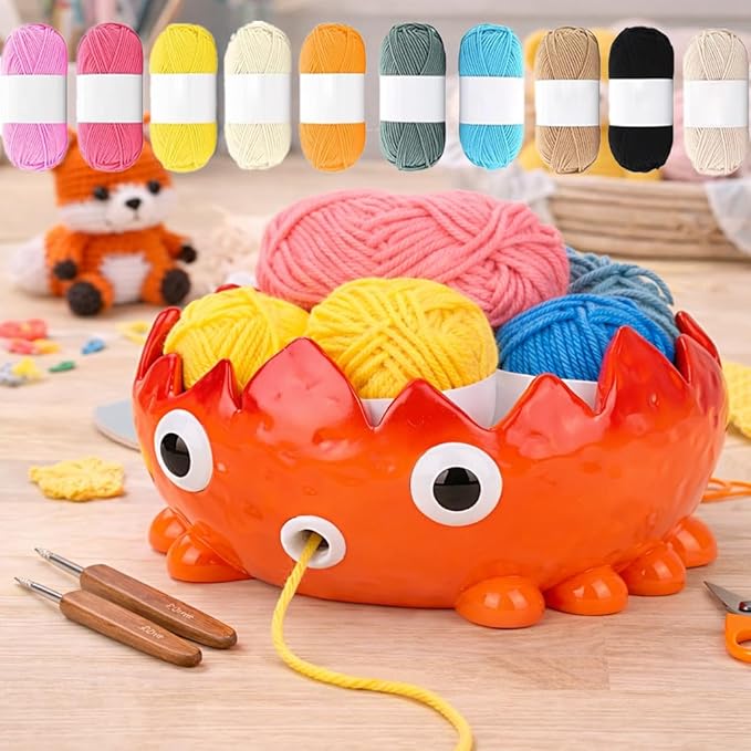 Flame Yarn Bowll for Crocheting and Knitting,7.48*3.6 Inch Large Capacity Crochet Bowls Containing 10 Bundles of Yarn and 2 Crochet Hooks,Exquisite and Cute Yarn Bowl,Suitable for Crochet Enthusiasts