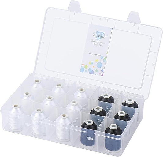[Box-Upgraded] Machine Embroidery Thread 1000M 9*White 001 + 6*Black 900, with Storage Box Polyester 15 Spools Set for Embroidery Quilting Machine