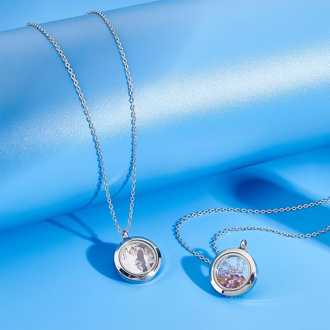 UNICRAFTALE 2 Sets Stainless Steel Memory Locket Charm Flat Round DIY Picture Photo Necklace Making Kit Chain Necklace with Crystal Double Sided Frame Glass Container Floating Charms for Lockets