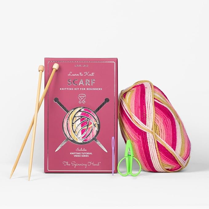 The Spinning Hand Knitting Kit for Beginners Adults – Learn to Knit Scarf Kit with Yarn, Needles & Step-by-Step Video Tutorials – Complete Starter Set (Dragonfruit)