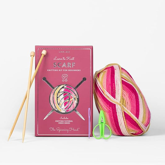 The Spinning Hand Knitting Kit for Beginners Adults – Learn to Knit Scarf Kit with Yarn, Needles & Step-by-Step Video Tutorials – Complete Starter Set (Dragonfruit)