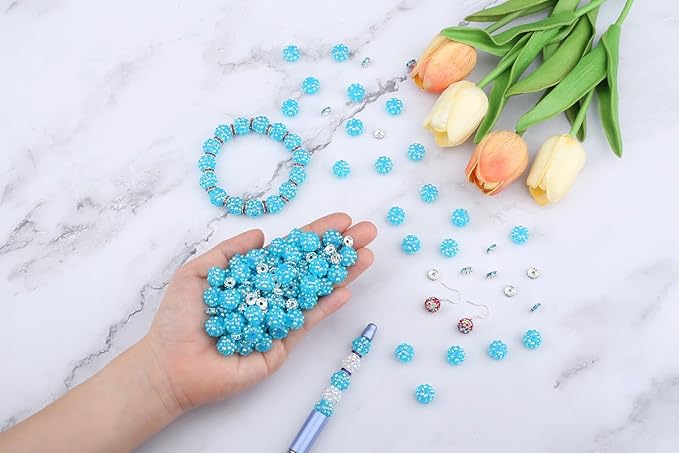 LAIDANLA 250pcs 12mm Blue Rhinestone Beads and 8mm Rondelle Spacer Beads for Beaded Pens, Sparkly Shamballa Disco Baseball Bead for Bracelets Making Necklaces Earring DIY Craft