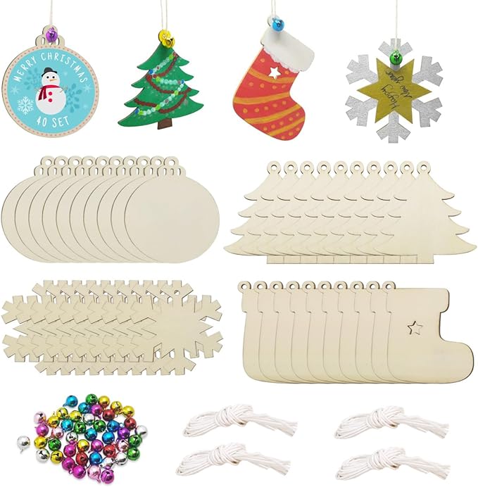 Hidreas 40PCS Christmas Crafts Unfinished Wooden Christmas Ornaments Kit, DIY Ornaments Crafts with Colorful Bells and Wax Rope for Holiday Decoration and DIY Craft Making