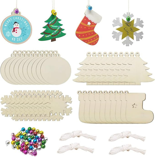 Hidreas 40PCS Christmas Crafts Unfinished Wooden Christmas Ornaments Kit, DIY Ornaments Crafts with Colorful Bells and Wax Rope for Holiday Decoration and DIY Craft Making
