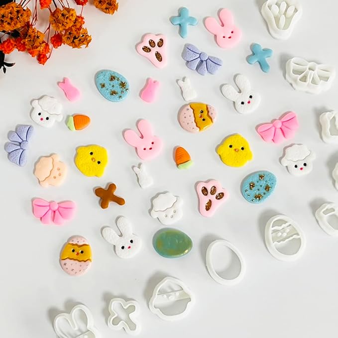 Xaekicr Easter Polymer Clay Cutters Set – 10pcs Clay Earring Cutters for Easter Eggs, Bunny, Chick, Bow and More – DIY Clay Tools & Polymer Clay Molds for Jewelry Making