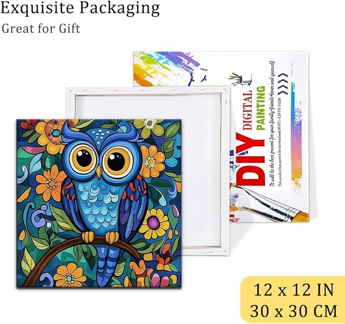 Natuyalo Framed Paint by Number Kit for Adults - Colorful Owl Easy Paint by Numbers Kit for Adults Beginner, Animals Simple Painting by Numbers Gift for Home Wall Decor (12x12 Inch)