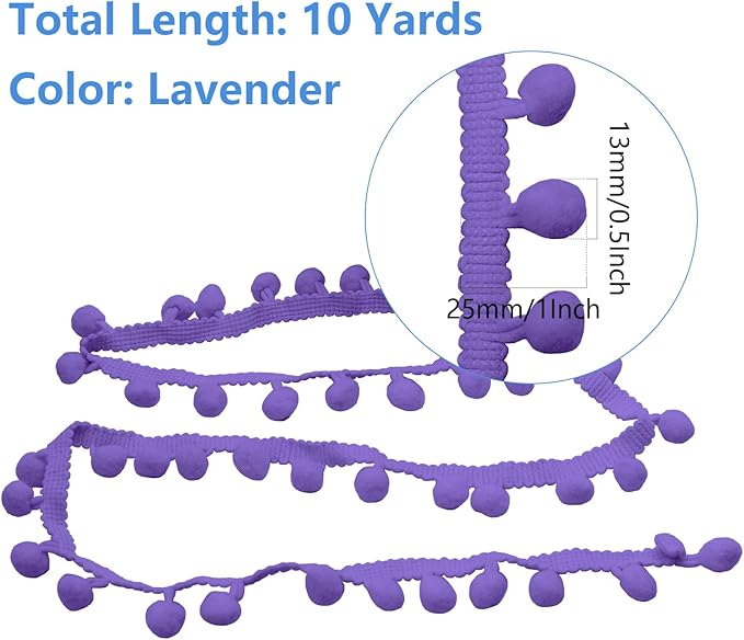Homiest 10 Yards Pom Pom Trim for Sewing, 1 Inch Wide Lavender Ribbon Bundles Textured Fabric Fringe Ribbon, 13mm Ball Pompom Trim for DIY Crafts Curtain Clothes Pillow Home Decoration