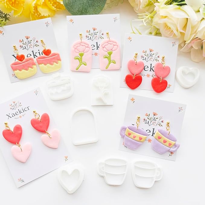Mother’s Day Polymer Clay Cutters & Stamps Set - 12pcs Sharp & Durable Tea Cup, Cake, Heart, MOM & Silhouette Shapes for DIY Earring Jewelry Making, Soft Clay Crafts & Holiday Supplies