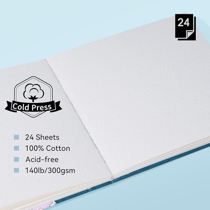 2 Pack Arrtx Square Watercolor Sketchbook, 5.47x5.47'', 140 LB, 300 GSM, 100% Cotton Paper, Cold Press, 48 Sheets, Hardcover Watercolor Journal for Use As Travel Notebook for Artists Adults Students