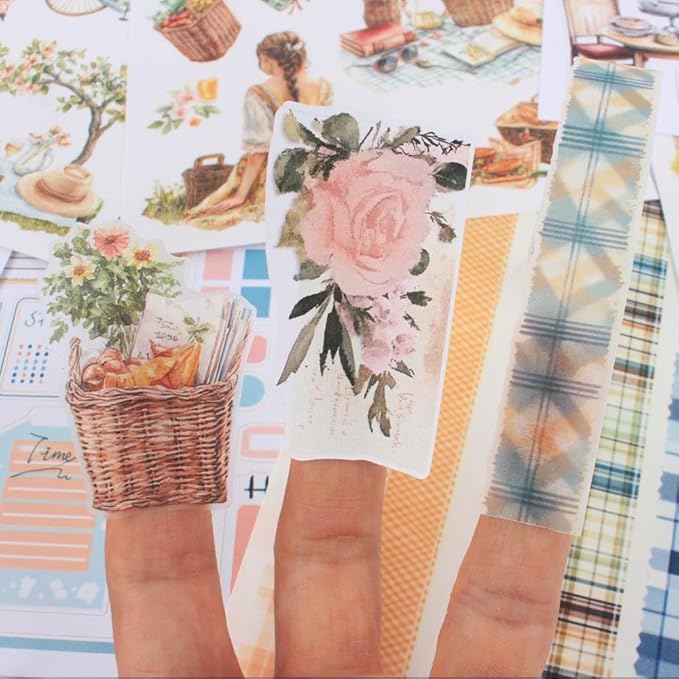 Pre-Cut Picnic Time Scenery Women Sticker Book for Journaling, 20 Sheets A5 PET Washi Paper Materials Stickers for Scrapbooking, Junk Journal Supplies, Planner, Collage